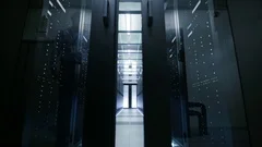 Server Engineer Walks into Opening Sliding Doors and Goes Through Data Center 
