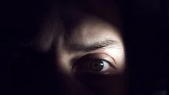 4K Thriller, Horror Man Scared Eye in Darkness