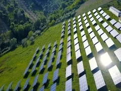 Solar panels farm field of green renewable energy