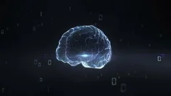 Rotating digital brain shape, artificial intelligence.