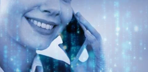 Close up of smiling businesswoman talking on mobile phone against digitally generated black and blue matrix xkwx 20s, Young Adult, Woman, Female, Caucasian, 3d, Digital Generated, Computer Graphic, Colour, Vignette, Grey, Wallpaper, Studio Shot, Businesswoman, Business, Career, Professional, Profession, Occupation, Job, Corporate, Expertise, Holding, Smiling, Cheerful, Happy, Calling, On The Phone, Phoning, Phone Call, Talking, Conversation, Interacting, Speaking, Smartphone, Mobile Phone, Cellphone, Phone, Wireless Technology, Communication, Connection, Beautiful, Pretty, Mid Section, Technology, Matrix, Light, Data, Computer, Computing, Blue, Black, Copy Space, Close-up