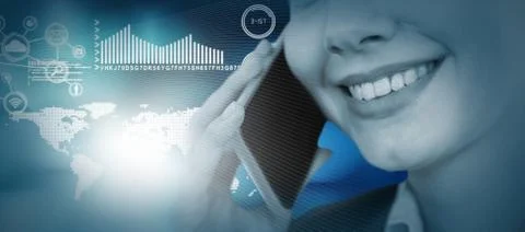 Close up of smiling businesswoman talking on mobile phone against light circles on black background xkwx 20s, Young Adult, Woman, Female, Caucasian, 3d, Digital Generated, Computer Graphic, Light, Bright, Shining, Circle, Design, Red, Earth, Global, International, World Wide, Map, Graph, Chart, Data, Analysis, Interface, Computer, Computing, Technology, Tech, Apps, Application, Icon, Studio Shot, Businesswoman, Business, Career, Professional, Profession, Occupation, Job, Corporate, Expertise, Holding, Smiling, Cheerful, Happy, Calling, On The Phone, Phoning, Phone Call, Talking, Conversation, Interacting, Speaking, Smartphone, Mobile Phone, Cellphone, Phone, Wireless Technology, Communication, Connection, Beautiful, Pretty, Mid Section, Graphic, Generated, Concept, Conceptual, Wave, Lines, Thin, Blue, White Background, Curve, Curved, Smooth, Pattern, Layer, Art, Signal, Copy Space, Close-up