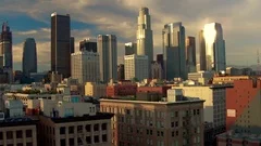 Down Town Los Angeles Sun set boom pull up Aerial Drone