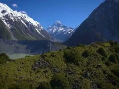 Mt Cook, New Zealand - Aerial view by drone flying over Hooker valley track