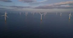 Wind turbines, renewable energy, offshore sea farm, aerial view