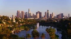 Echo Park Fountains with view of Downtown Los Angeles by Aerial Drone