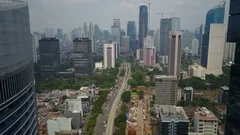 Establishing drone shot of central business district in Jakarta, Indonesia