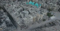 A flight of a drone over the city of Aleppo in Syria