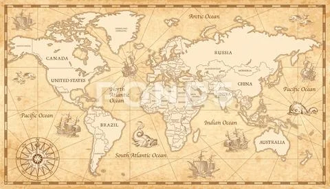 0794 World old map2 simple with names Stock Illustration