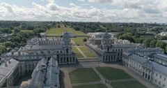 Aerial descending view of the Old Royal Naval College in Greenwich, London