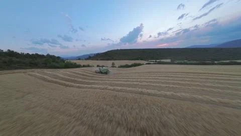 08-20-2026, Satué, Huesca - FPV flight beside a combine harvesting grain Stock Footage 345996708