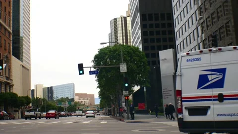 08 4K MOTION Following US Postal Service Mail Truck VAN DTLA 6th TO Flower Stock Footage 165626408