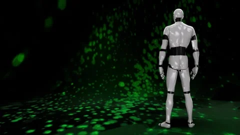 08 Full -body humanoid robot turning on a loop on dark green background alig Stock Footage 243531752