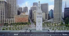Aerial: San Francisco Embarcadero, Ferry Building, bay bridge & cityscape at