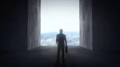 Man standing at opening walls revealing the Earth