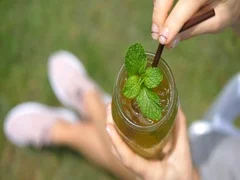 Female Hands Holding Summer Fresh Drink with Mint