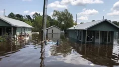 Flooded wooden houses from hurricane Harvey in Houston, Texas