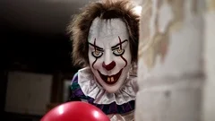 Evil Clown in Dark Scary Halloween Horror Scene, Frightening with Balloon