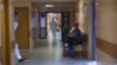Blurred view of the hospital reception room, people walk in the background.