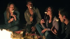 Group of happy multiethnic friends camping by the fire at night laughing and