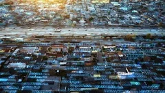 Binary data over highway. Futuristic city.
