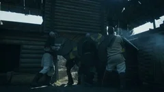 Viking Warriors Break into Wooden Fortress Yard and Fight with Guards.