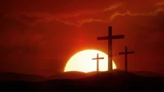 The Risen Christ - sun rises over desert and silhouette of three crucifixes