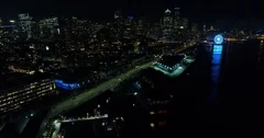Downtown Seattle Waterfront Night Aerial Elliott Bay Water Reflection