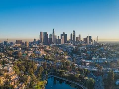 Cinematic urban aerial view of downtown Los Angeles skyline