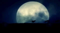 Four Wolves Running at Night on a Full Moon Background