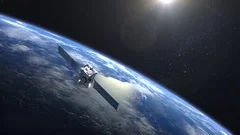 The satellite scan and monitor the Earth. The satellite slowly flies away. The