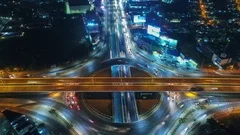 Hyper lapse,Of traffic on city streets at night.Aerial view and top view