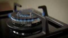Natural gas inflammation in stove burner, close up view. gas burning from a kitc
