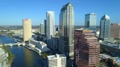 Aerial flyover Downtown Tampa Florida highrise skyscrapers