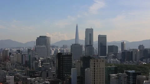 0862 Elevated View of Gangnam Office Buildings with Lotte World Tower, Seoul Stock Footage 338161083