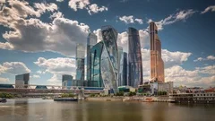 sunny day moscow modern city riverside panorama 4k timelapse russia