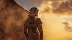 Following Shot of the Astronaut On Mars Walking Toward His Research Station.