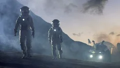 Two Astronauts in Space Suits Confidently Walking on Alien Planet, Exploration.