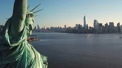 Statue of Liberty aerial pulling back daytime Manhattan skyline NYC 1080 HD