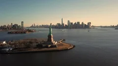 Statue of Liberty aerial forward Manhattan New York City skyline 4K 1080 HD