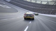 High speed racing car race. Crazy camera movements. Flying near the cars and