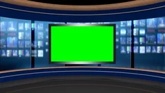124 HD News TV Virtual Studio Green Screen Background wood control room Monit