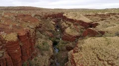 Aerial view flying over canyon gorge in Karijini National Park