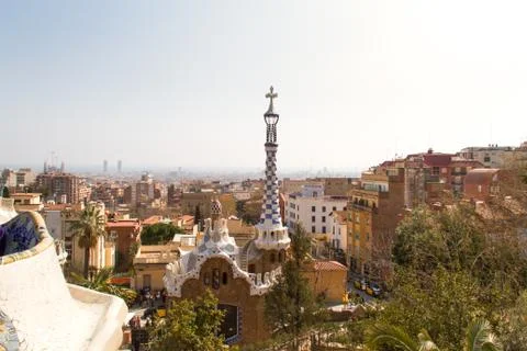 #09 Spain, Catalonia, Barcelona, View from Parc Guell towards city Stock Photos