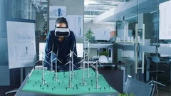 Female Engineer Works with VR Wind Turbines