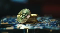 Modern bitcoin mining business. Bitcoins on circuit board. Blockchain technology
