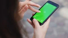 closeup view female hands using smart phone mobile with blank green screen