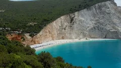 Aerial - Reveal shot of famous beach Porto Katsiki on a Greek island Lefkada