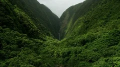 Aerial view tropical rainforest cliffs remote waterfalls Hawaii