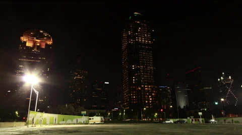 092 Time lapse pan of  the Dallas, Texas skyline at night with traffic Stock Footage 40671235